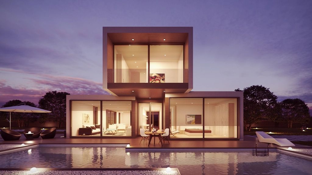 The completed residence at dusk